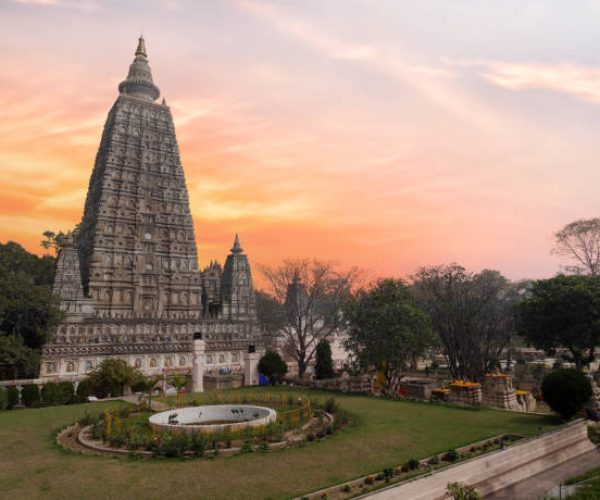 The side view of the stupa at Mahabodhi Temple Complex in Bodh Gaya, India. The Mahabodhi Vihar is a UNESCO World Heritage Site.